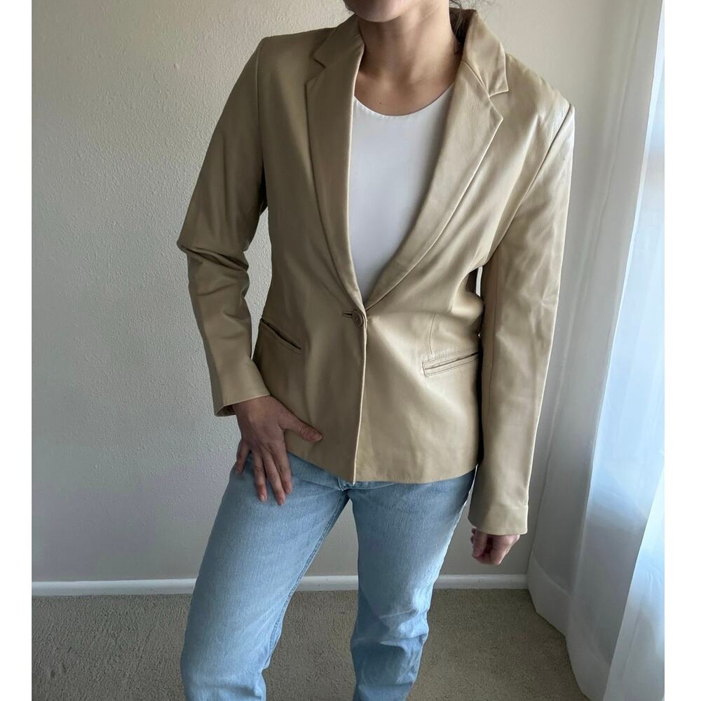 Valerie Stevens tan leather Blazer jacket minimalist neutral scandi vintage y2k